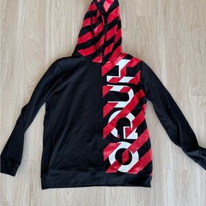 HUGO Men's Black and Red Striped Hoodie
